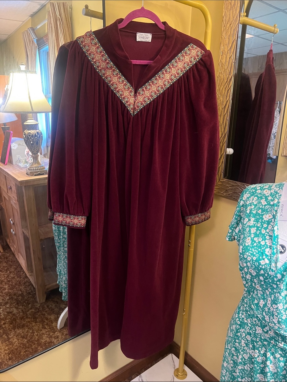 Vintage-Burgundy Velvet Dress with Embroidered Trim